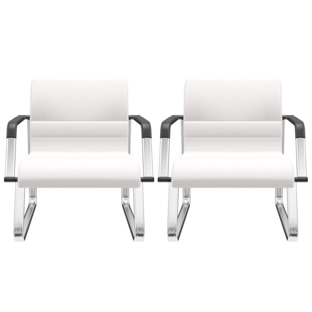 Kit 02 Cadeiras De Escritório Recepção Fixa Pés Cromado Lev P03 Vinil Branco - Lyam Decor - 1