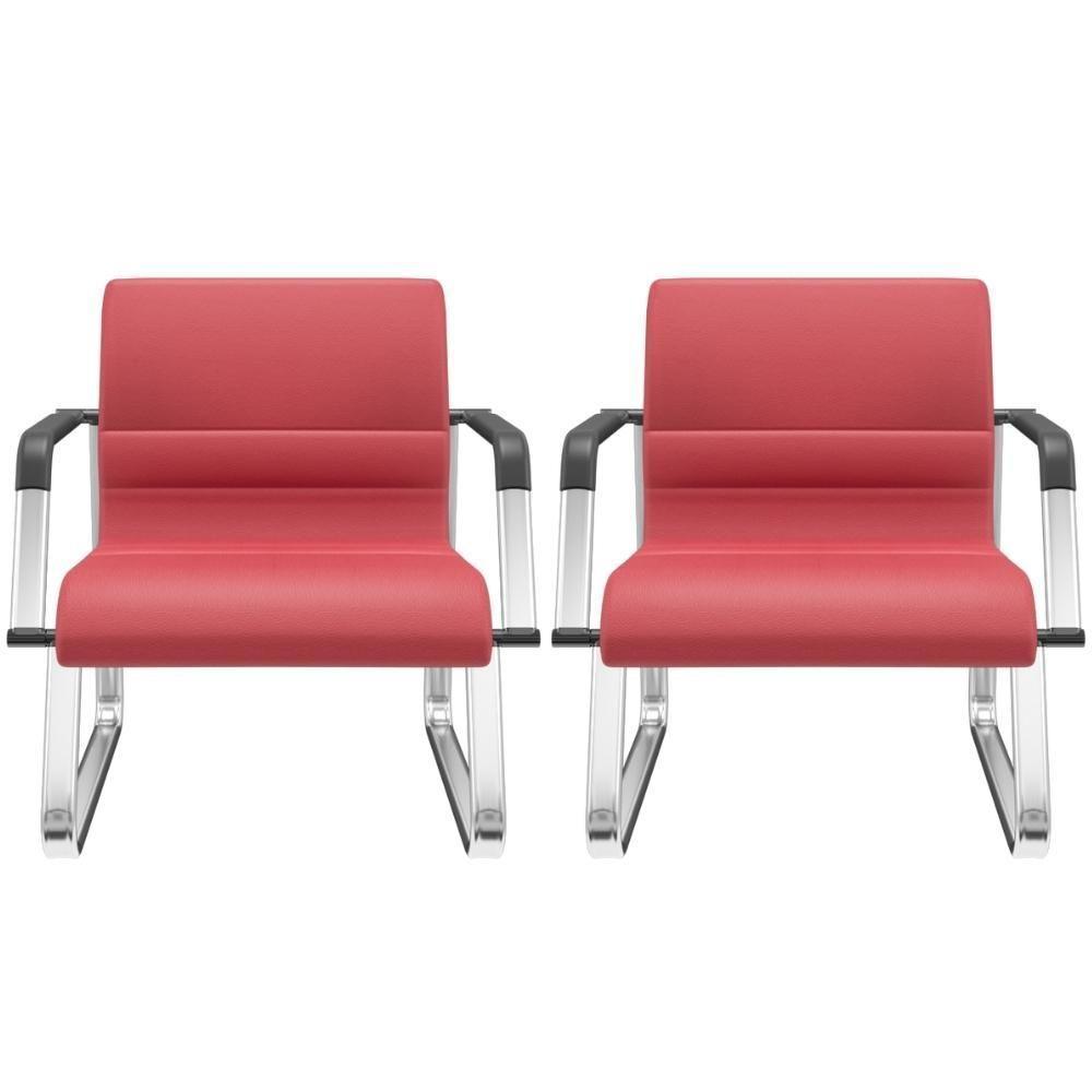 Kit 02 Cadeiras De Escritório Recepção Fixa Pés Cromado Lev P03 Crepe Vermelho - Lyam Decor - 1