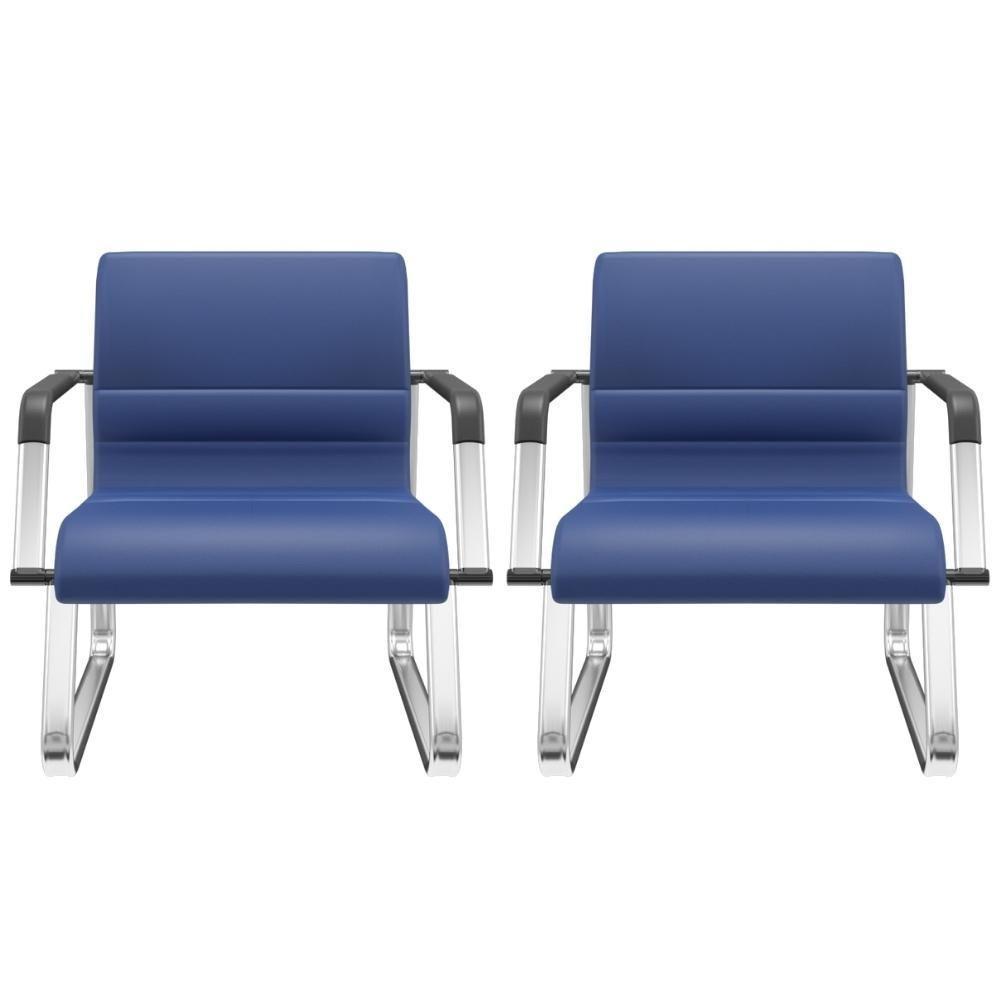 Kit 02 Cadeiras De Escritório Recepção Fixa Pés Cromado Lev P03 Vinil Azul - Lyam Decor - 1