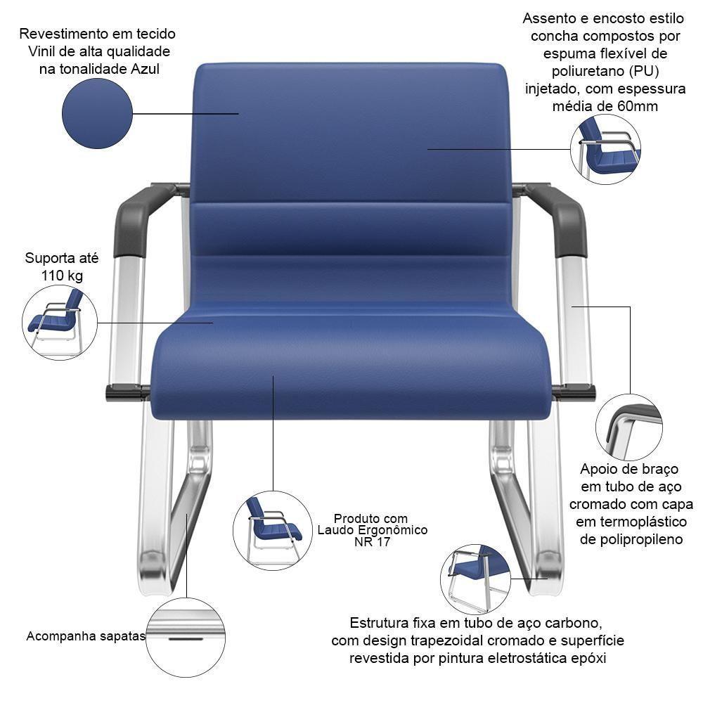 Kit 02 Cadeiras De Escritório Recepção Fixa Pés Cromado Lev P03 Vinil Azul - Lyam Decor - 3