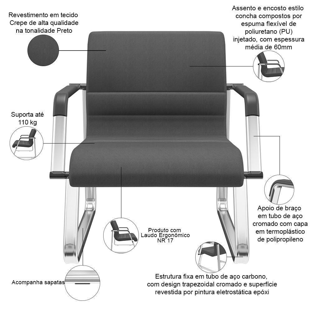 Kit 02 Cadeiras De Escritório Recepção Fixa Pés Cromado Lev P03 Crepe Preto - Lyam Decor - 3