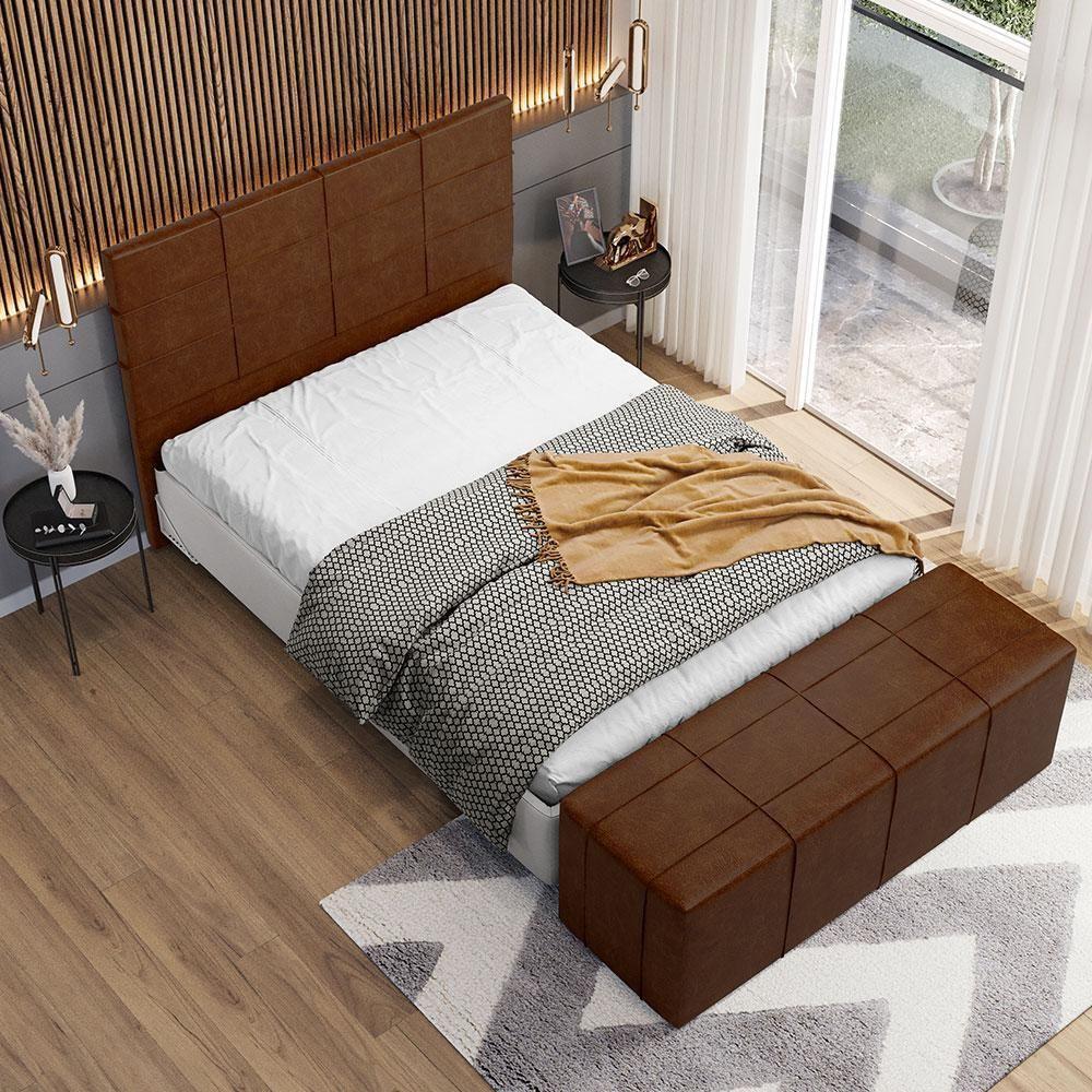 Kit Cabeceira Cama Box Queen 160cm Com Calçadeira Roma W01 Couríssimo Marrom - Lyam - 2