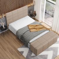 Kit Cabeceira Cama Box Casal 140cm Com Calçadeira Roma W01 Linho Bege Escuro - Lyam - 2