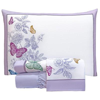 Jogo De Cama Lençol Queen Bouquet Percal 300 Fios 4 Peças - Lilás - 100% Poliéster