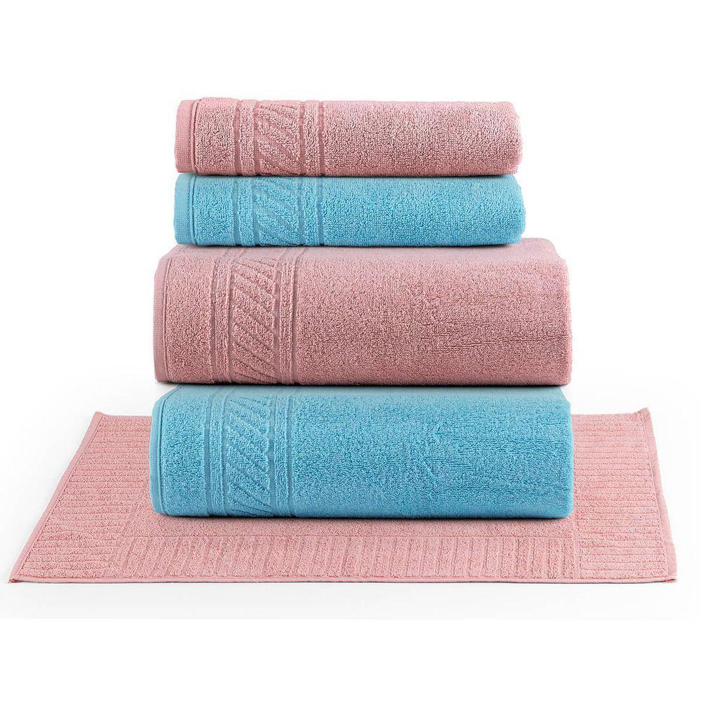 Jogo De Banho Lummi Toalhas Macias 100% Algodão Fio Penteado 5 Peças Rosa E Azul - 1