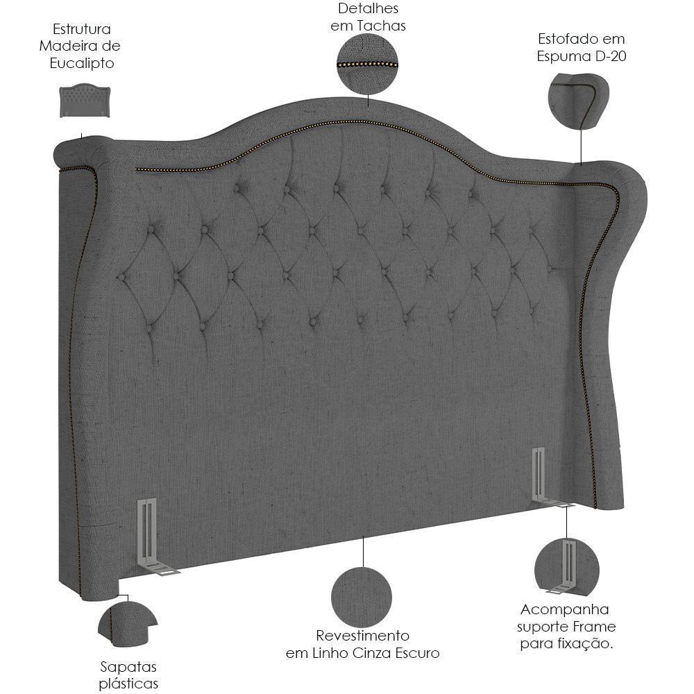 Kit Cabeceira Cama Box Lisboa 140 Cm Com Puff Recamier Santorini Linho Cinza Escuro - Lyam Decor - 6