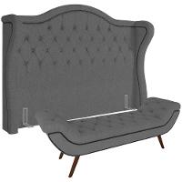 Kit Cabeceira Cama Box Lisboa 140 Cm Com Puff Recamier Santorini Linho Cinza Escuro - Lyam Decor - 1