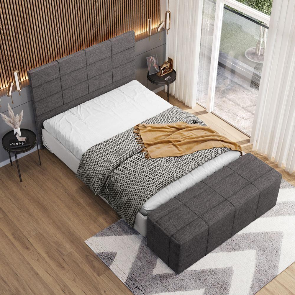 Kit Cabeceira Cama Box Queen 160cm Com Calçadeira Roma W01 Linho Cinza Escuro - Lyam - 2