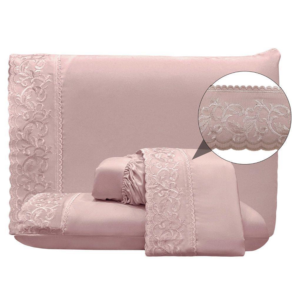 Jogo De Lençol Dunna Casal 4 Peças Percal 300 Fios Bordado Inglês Macio - Malva - 100% Poliéster - 5