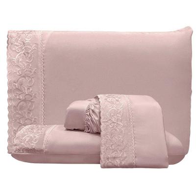 Jogo De Lençol Dunna Casal 4 Peças Percal 300 Fios Bordado Inglês Macio - Malva - 100% Poliéster