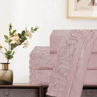 Jogo De Lençol Dunna Casal 4 Peças Percal 300 Fios Bordado Inglês Macio - Malva - 100% Poliéster