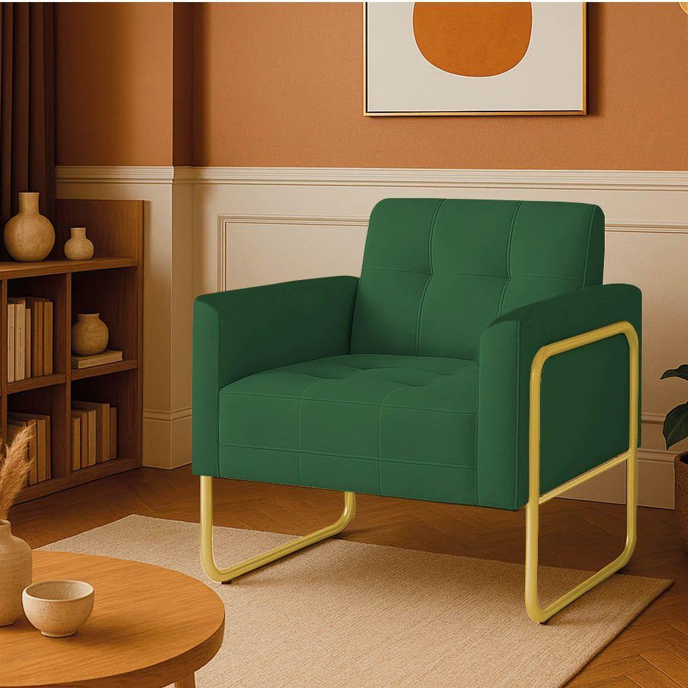 Poltrona Sala Industrial Alta Tubo Dourado Elisa Suede Verde D03 - D'rossi - 1