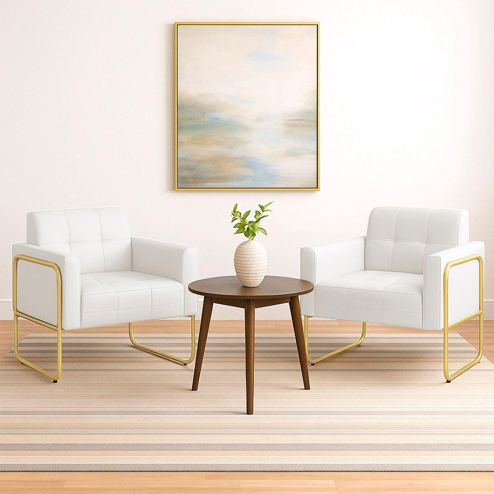 Poltrona Sala Industrial Alta Tubo Dourado Kit 2 Elisa Sintético Branco D03 - D'rossi - 1