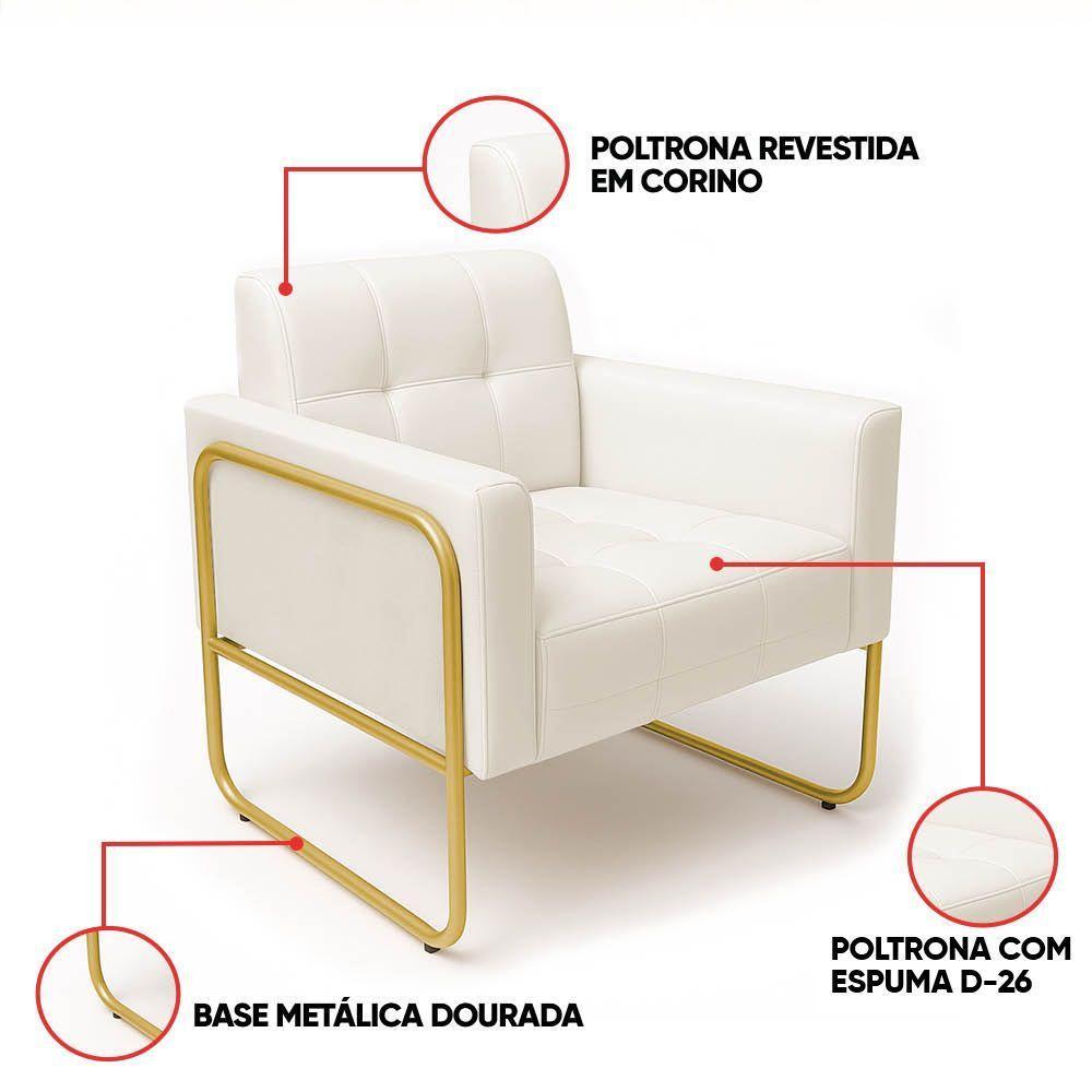 Poltrona Sala Industrial Alta Tubo Dourado Kit 2 Elisa Sintético Branco D03 - D'rossi - 3