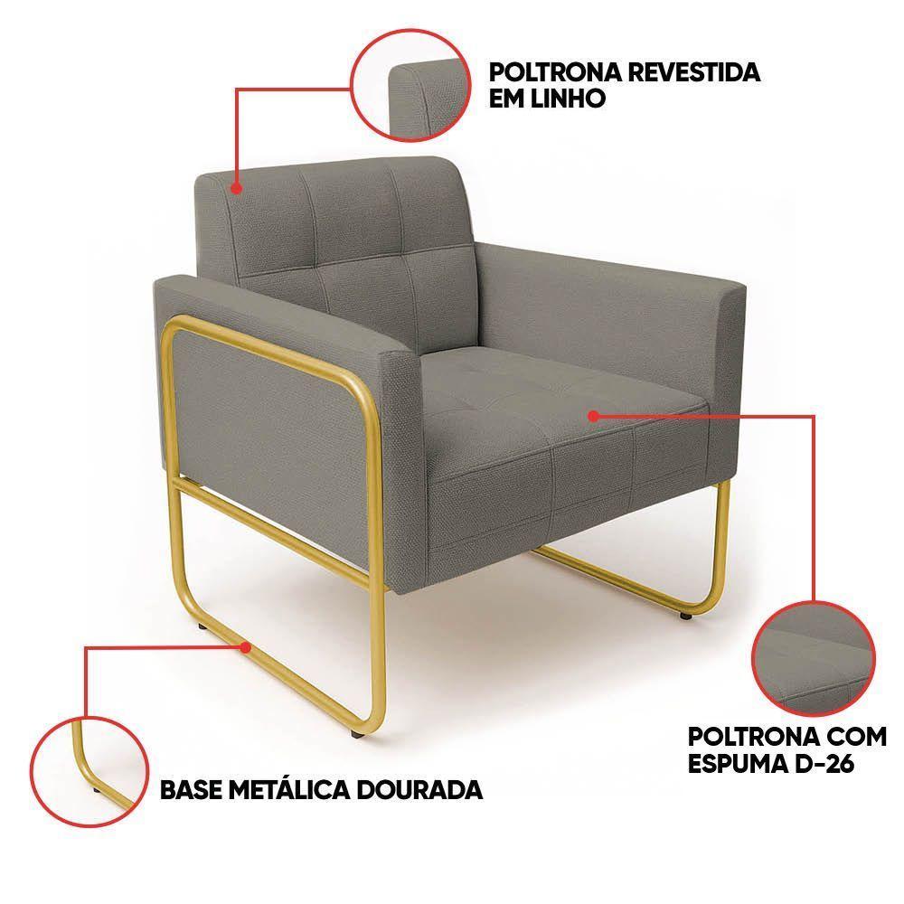 Poltrona Sala Industrial Alta Tubo Dourado Elisa Linho D03 - D'rossi Cor Grafite - 5