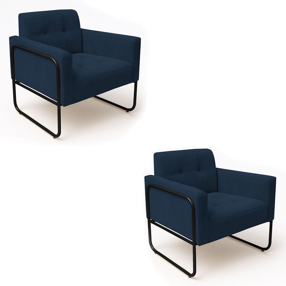 Poltrona Sala Industrial Alta Tubo Preto Kit 2 Elisa Suede D03 - D'rossi Cor Azul Marinho - 2