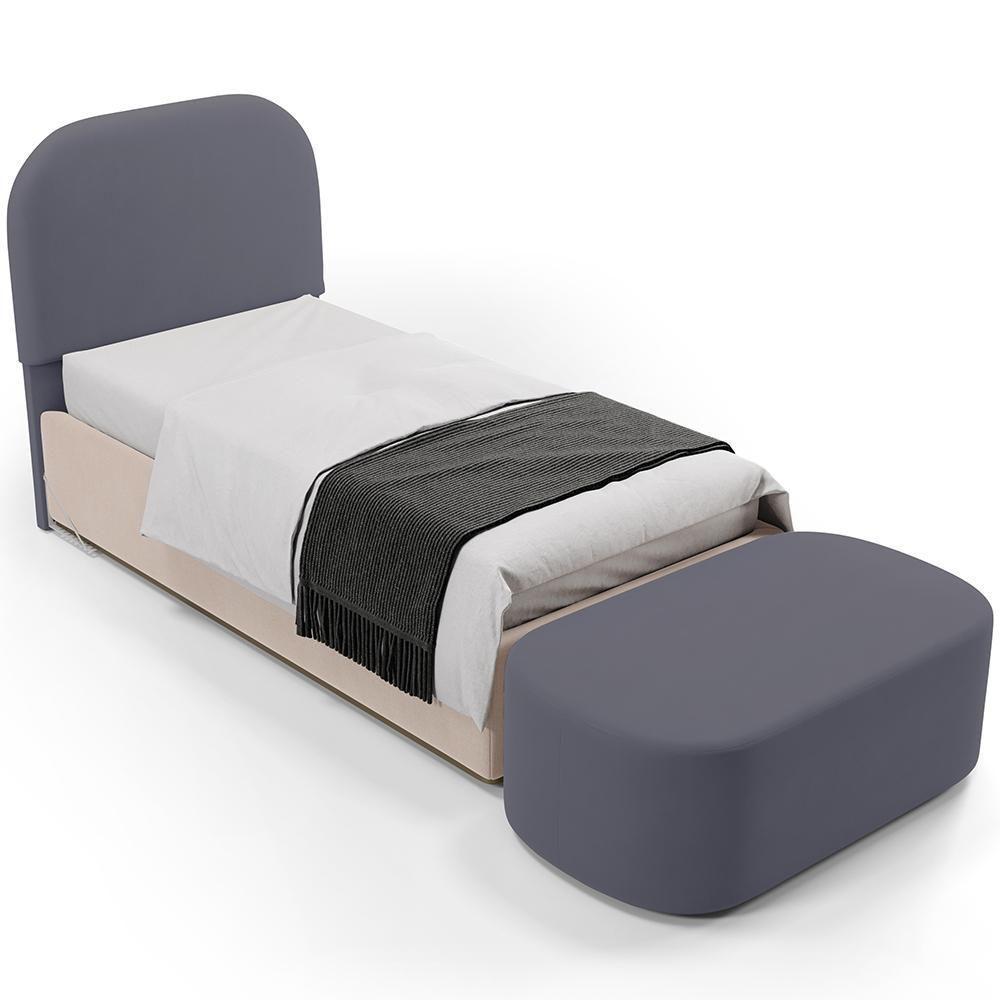 Cabeceira Cama Box 100cm Lanna Com Puff Recamier Doha W01 Suede Cinza - Lyam Decor - 1