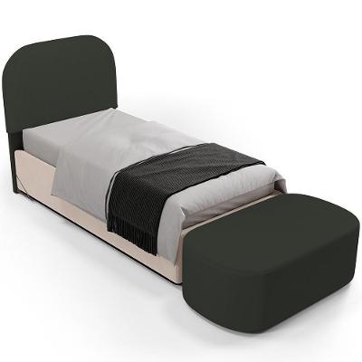 Cabeceira Cama Box 100cm Lanna Com Puff Recamier Doha W01 Linho Verde Musgo - Lyam Decor