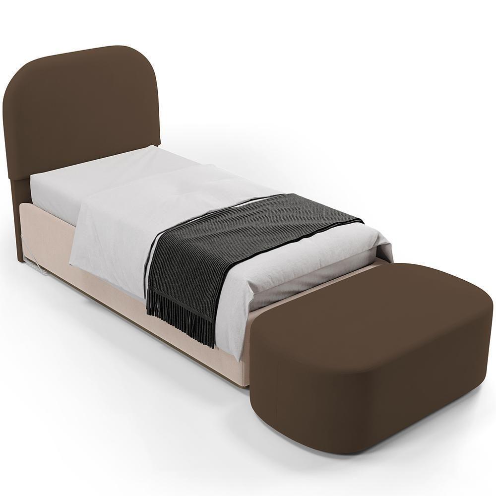 Cabeceira Cama Box 100cm Lanna Com Puff Recamier Doha W01 Suede Marrom - Lyam Decor - 1