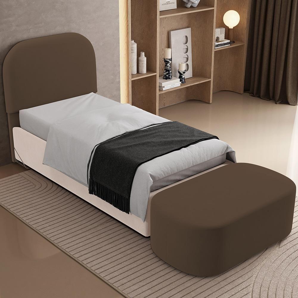 Cabeceira Cama Box 100cm Lanna Com Puff Recamier Doha W01 Suede Marrom - Lyam Decor - 2