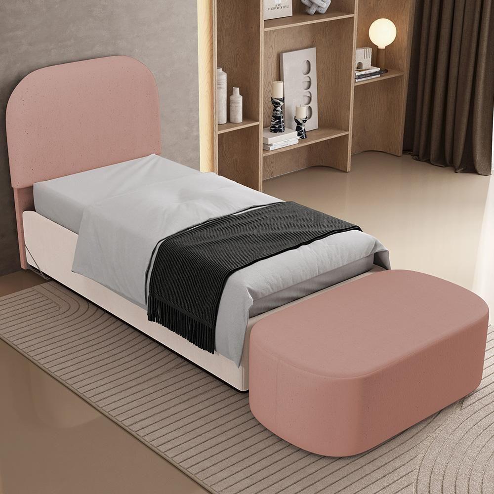 Cabeceira Cama Box 100cm Lanna Com Puff Recamier Doha W01 Linho Rosê - Lyam Decor - 3