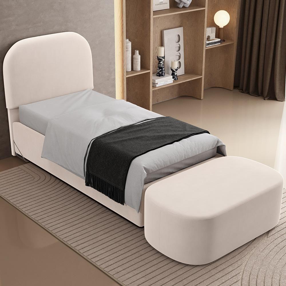 Cabeceira Cama Box 100cm Lanna Com Puff Recamier Doha W01 Suede Bege - Lyam Decor - 2
