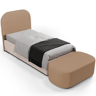 Cabeceira Lanna para Cama Box Casal 100cm Estofada em Madeira Maciça e Linho Bege Escuro com Puff