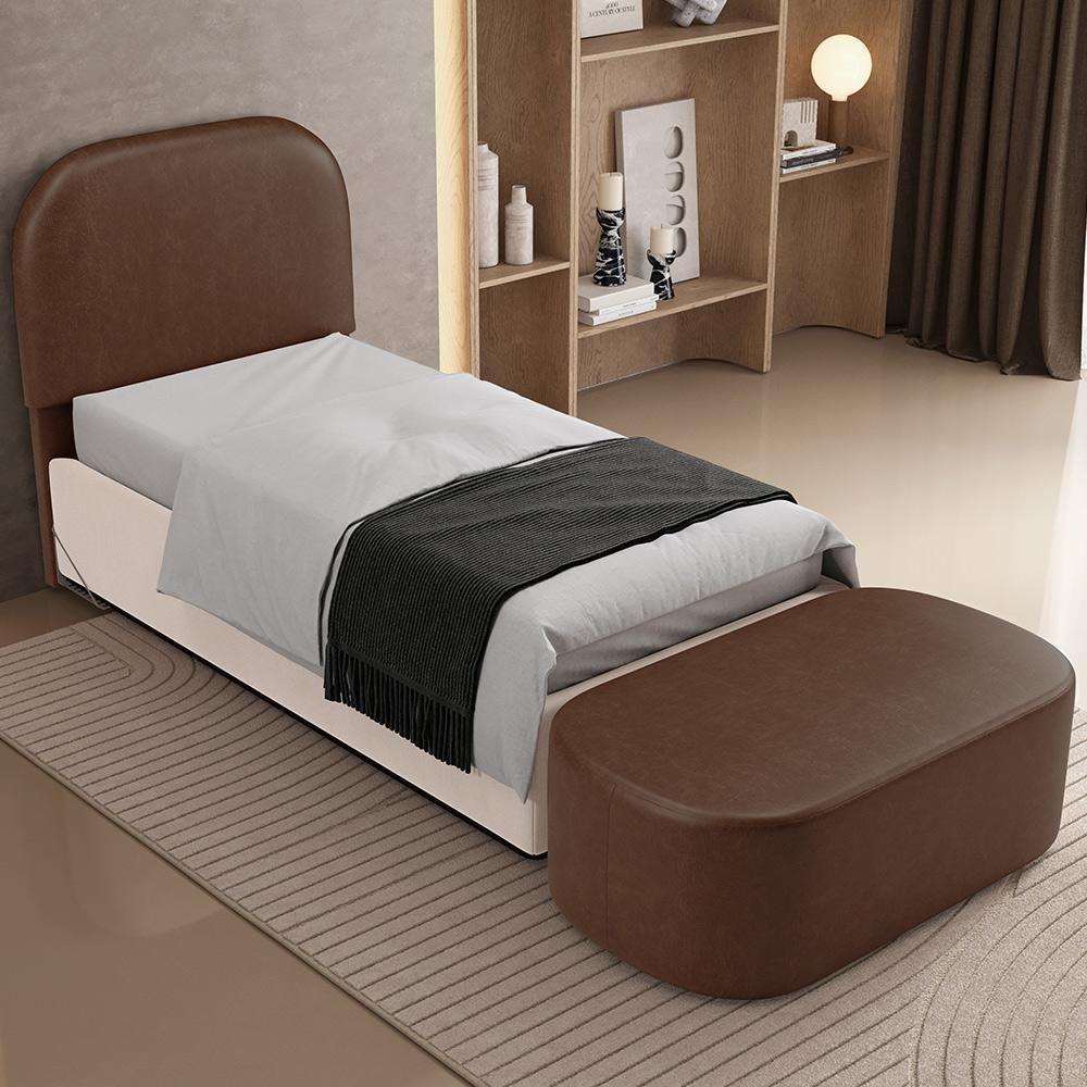 Cabeceira Cama Box 100cm Lanna Com Puff Recamier Doha W01 Couríssimo Marrom - Lyam Decor - 3