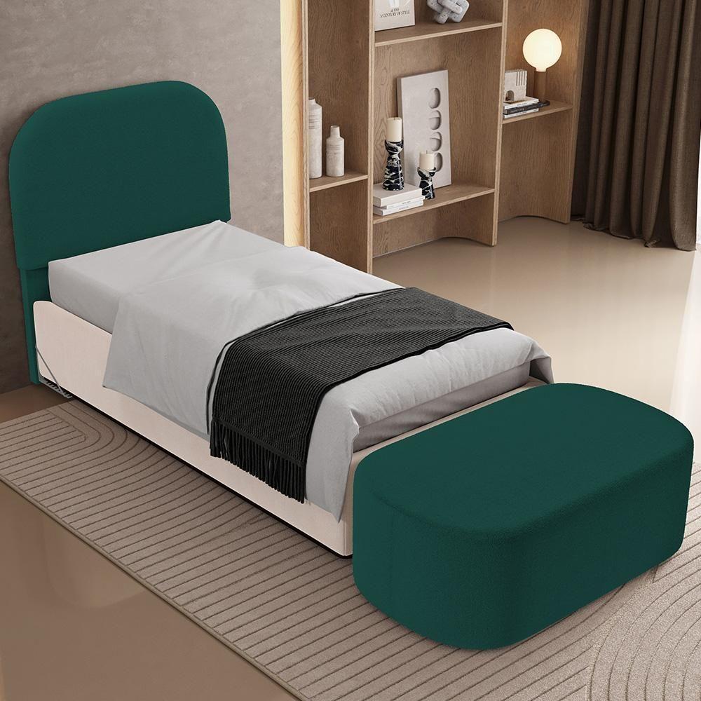 Cabeceira Cama Box 100cm Lanna Com Puff Recamier Doha W01 Bouclê Verde - Lyam Decor - 2