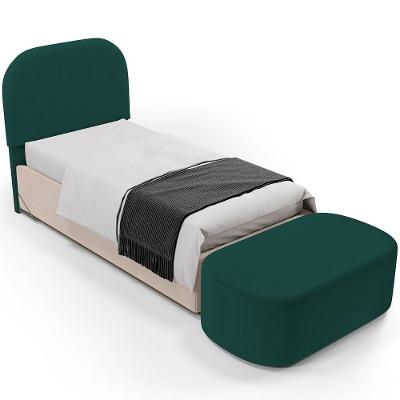 Cabeceira Lanna para Cama Box Casal 100cm em Madeira Maciça com Veludo Verde com Puff Recamier