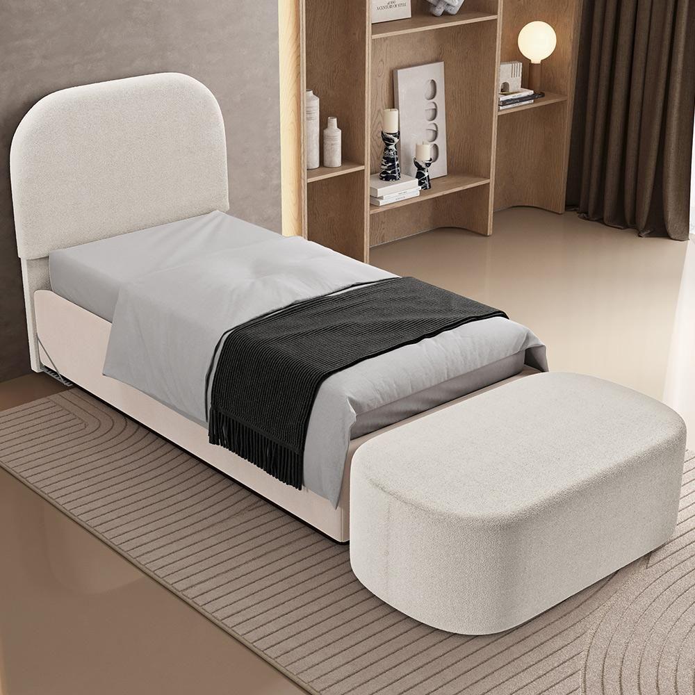Cabeceira Cama Box 100cm Lanna Com Puff Recamier Doha W01 Bouclê Creme - Lyam Decor - 2