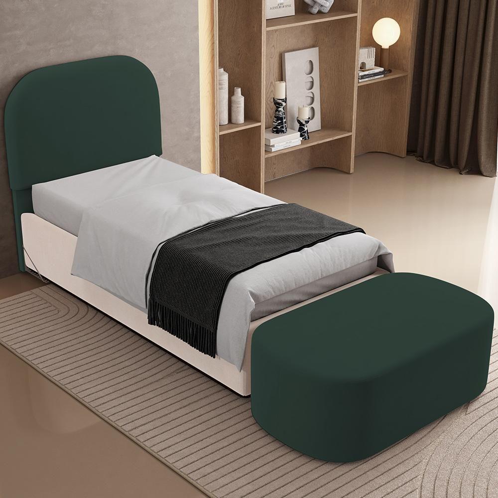 Cabeceira Cama Box 100cm Lanna Com Puff Recamier Doha W01 Suede Verde Musgo - Lyam Decor - 2