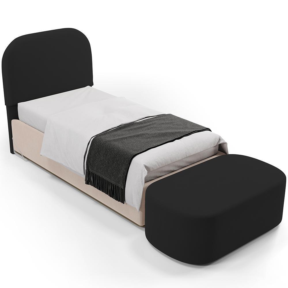 Cabeceira Cama Box 100cm Lanna Com Puff Recamier Doha W01 Suede Preto - Lyam Decor - 1