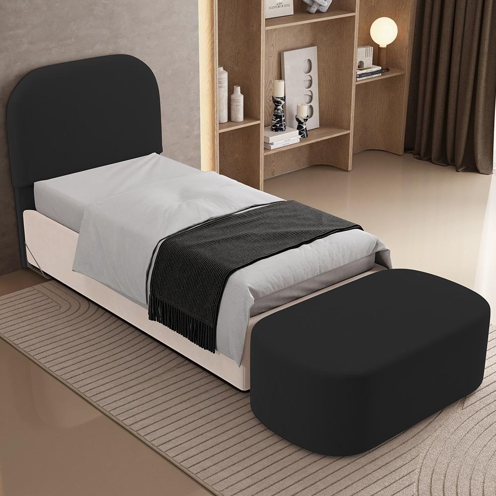 Cabeceira Cama Box 100cm Lanna Com Puff Recamier Doha W01 Suede Preto - Lyam Decor - 2