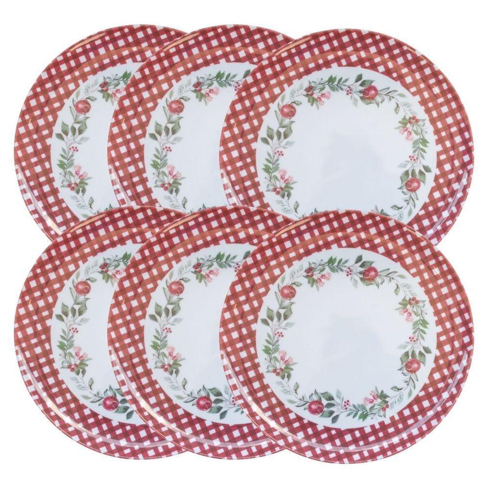 Jogo 6 Pratos De Jantar Natalino Melamina Folhagens, Azevinhos E Romã Borda Xadrez Bordô Fosco 27,5cm - 1