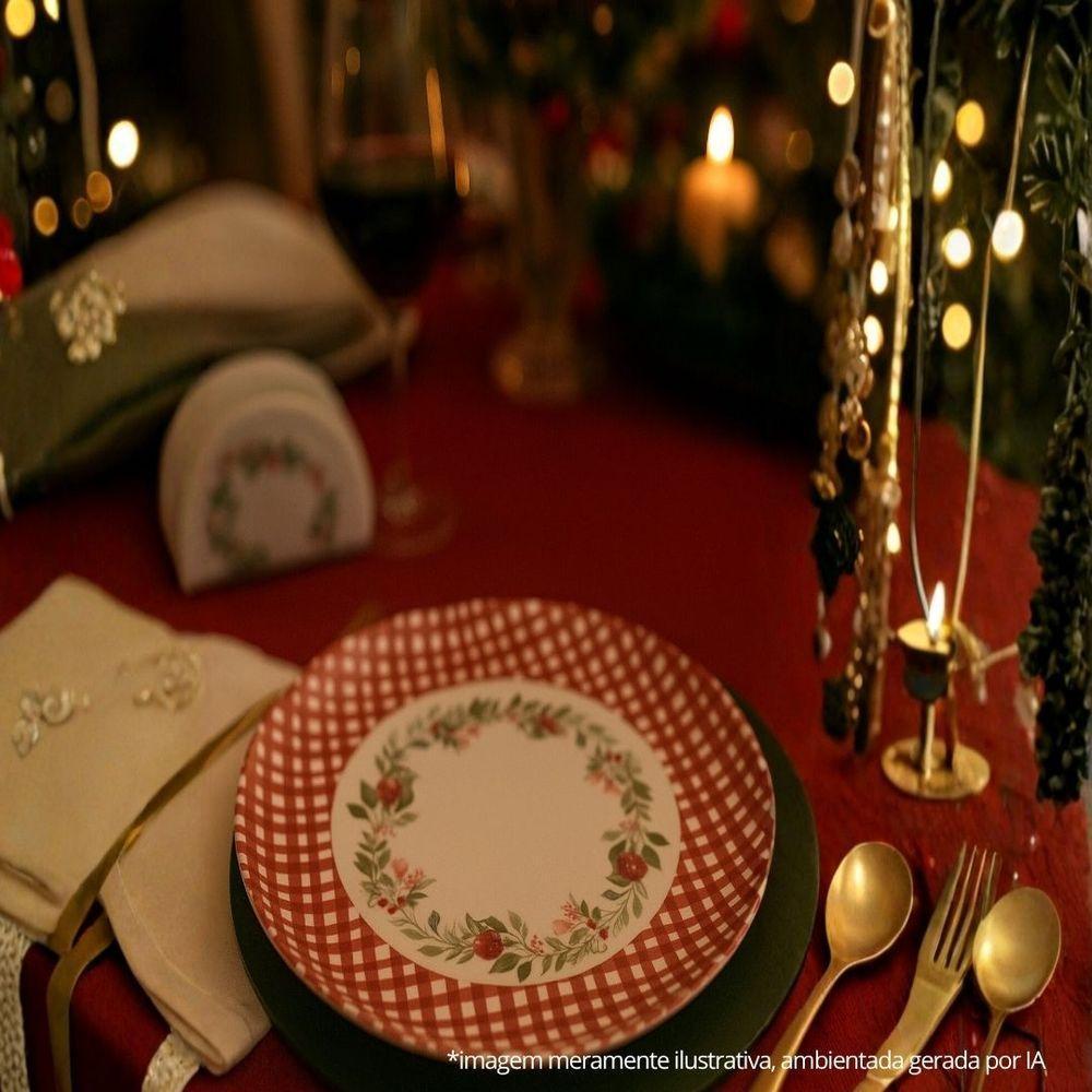 Jogo 6 Pratos De Jantar Natalino Melamina Folhagens, Azevinhos E Romã Borda Xadrez Bordô Fosco 27,5cm - 2