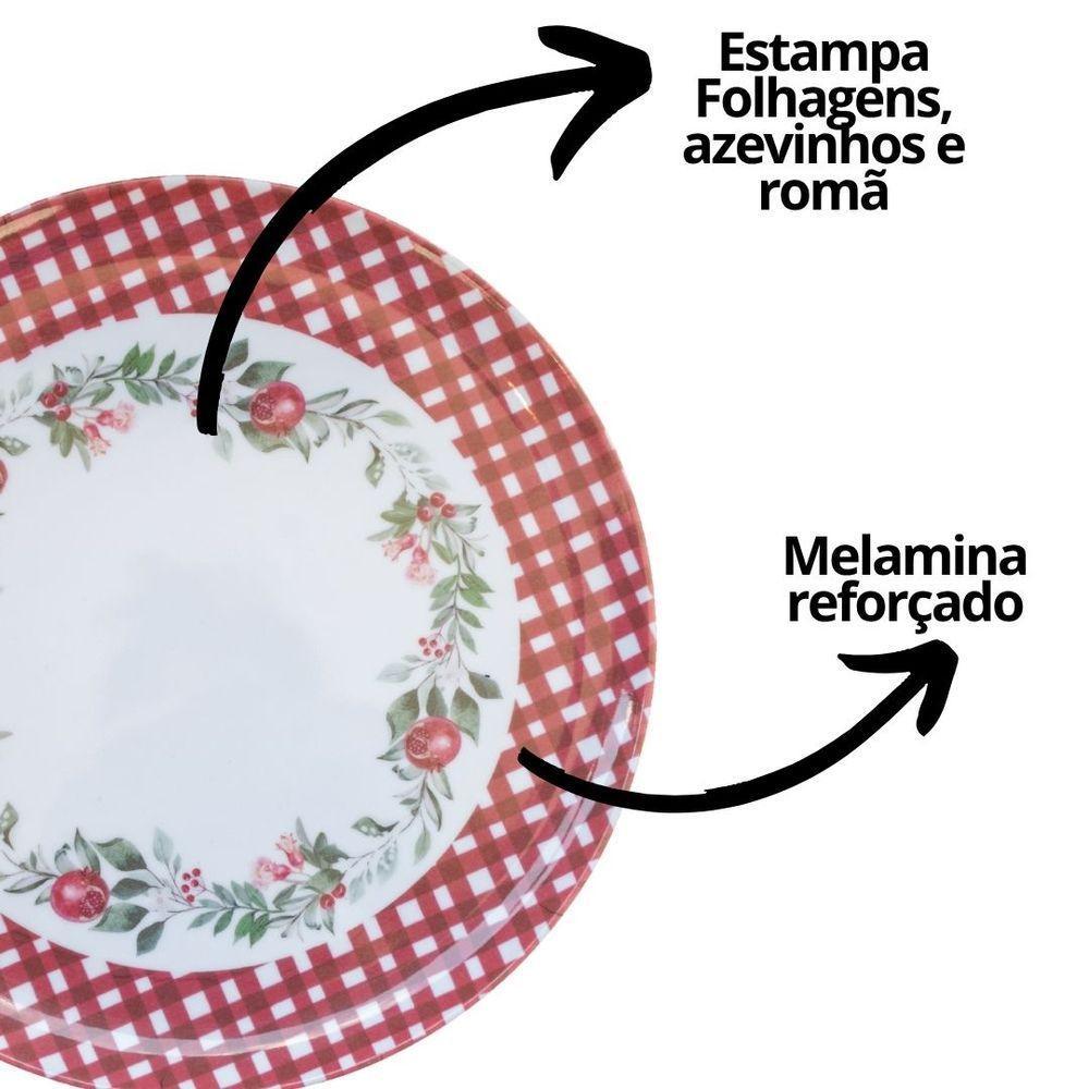 Jogo 6 Pratos De Jantar Natalino Melamina Folhagens, Azevinhos E Romã Borda Xadrez Bordô Fosco 27,5cm - 3