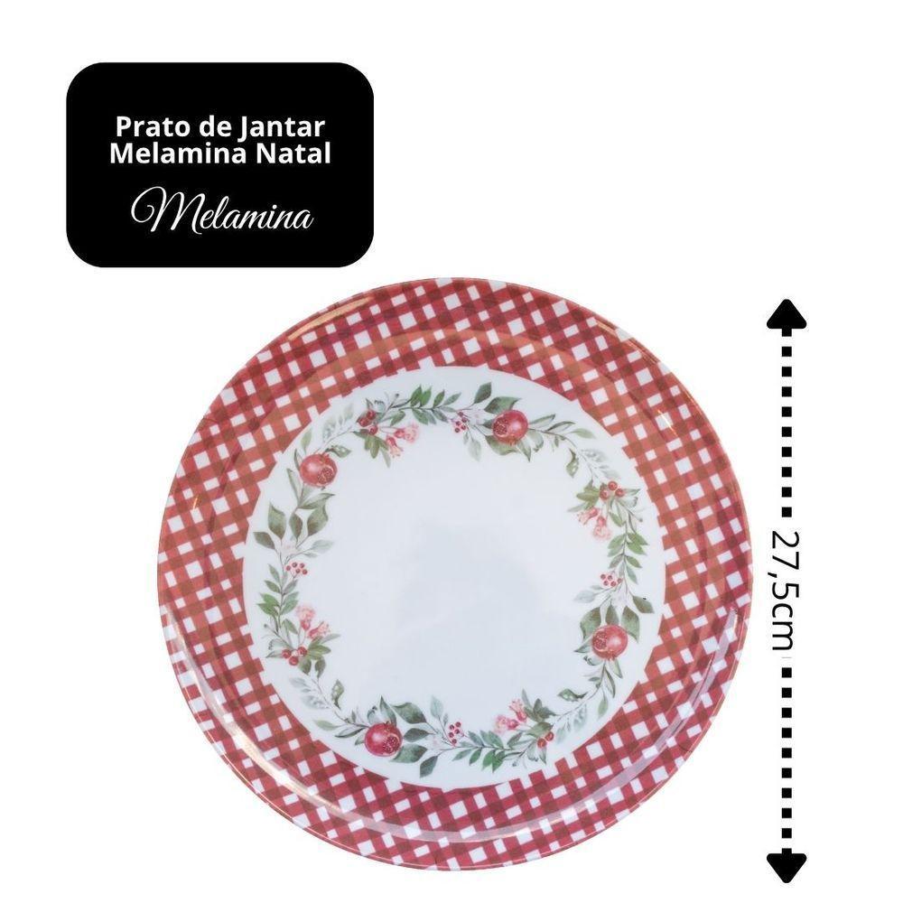 Jogo 6 Pratos De Jantar Natalino Melamina Folhagens, Azevinhos E Romã Borda Xadrez Bordô Fosco 27,5cm - 5