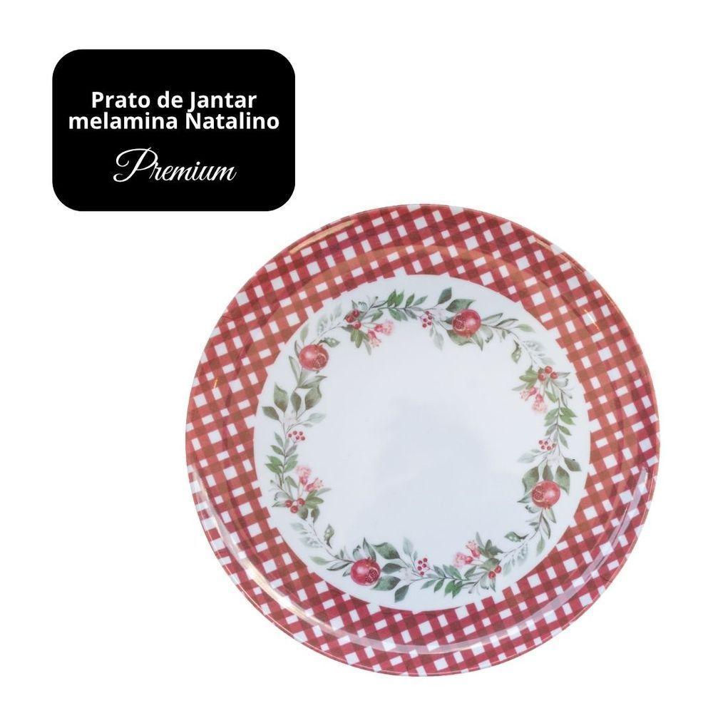 Jogo 6 Pratos De Jantar Natalino Melamina Folhagens, Azevinhos E Romã Borda Xadrez Bordô Fosco 27,5cm - 7