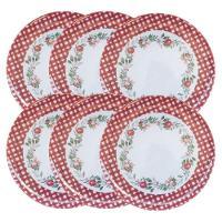 Jogo 6 Pratos De Jantar Natalino Melamina Folhagens, Azevinhos E Romã Borda Xadrez Bordô Fosco 27,5cm - 1