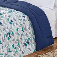 Edredom 2,60m X 2,40m + Jogo De Cama Malha Quality King 04 Peças 100% Algodão - Geométrico Azul