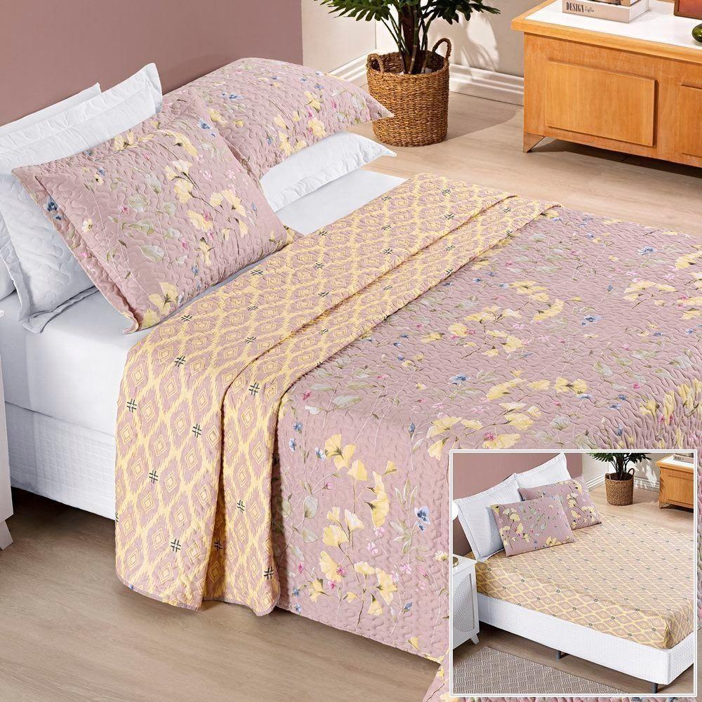 Colcha + Jogo De Cama Bouti Estampado Casal 06 Peças 100% Poliéster - Lavanda - 1