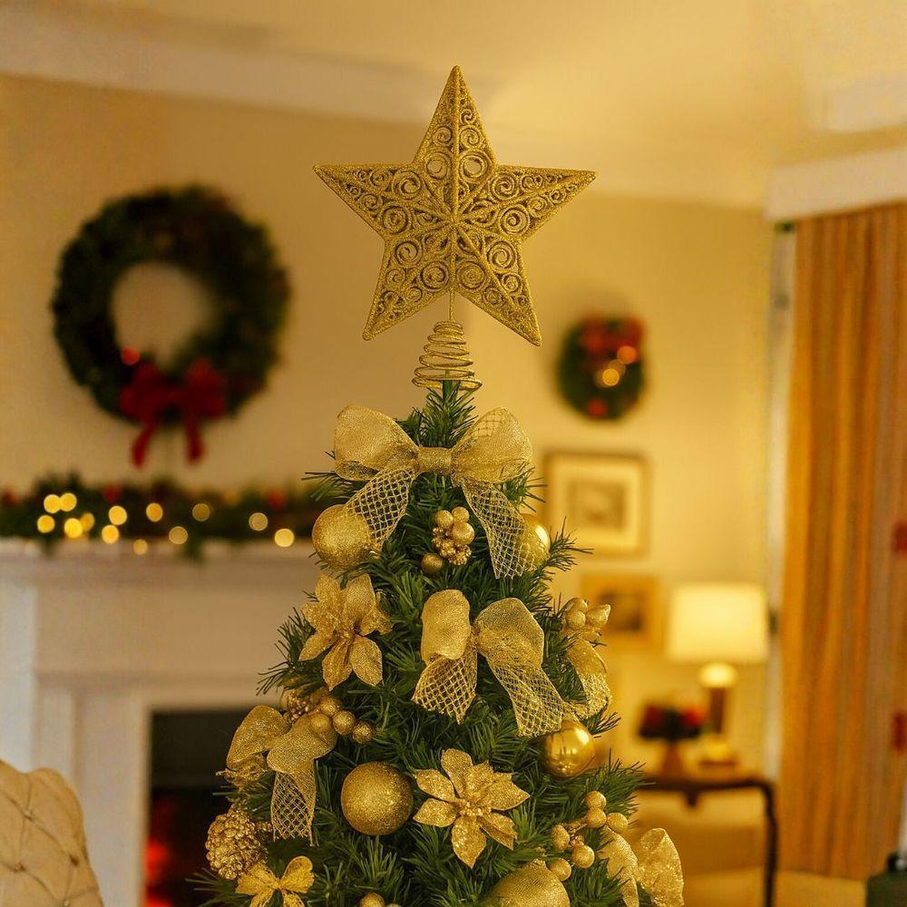 Estrela Ponteira De Natal Dourado Luxo Com Glitter Arabesco – Topo De árvore 20cm Com Base Espiral - 2