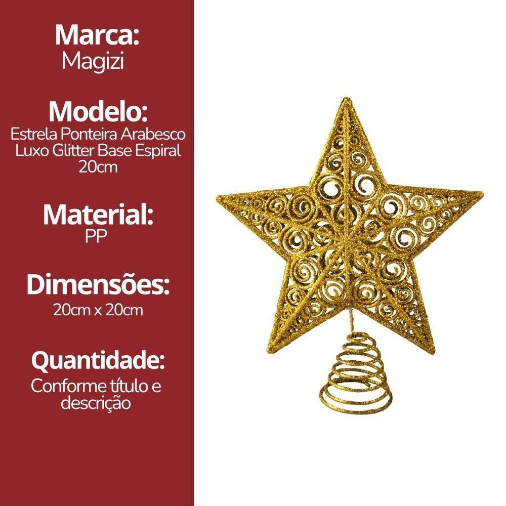 Estrela Ponteira De Natal Dourado Luxo Com Glitter Arabesco – Topo De árvore 20cm Com Base Espiral - 6