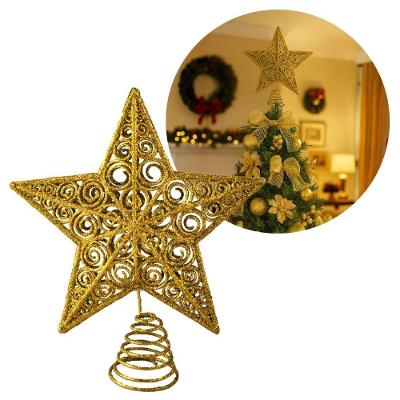 Estrela Ponteira De Natal Dourado Luxo Com Glitter Arabesco – Topo De árvore 20cm Com Base Espiral
