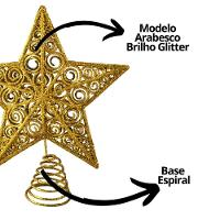Estrela Ponteira De Natal Dourado Luxo Com Glitter Arabesco – Topo De árvore 20cm Com Base Espiral - 3