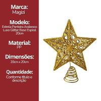 Estrela Ponteira De Natal Dourado Luxo Com Glitter Arabesco – Topo De árvore 20cm Com Base Espiral - 6