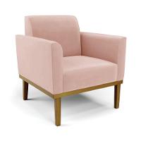 Poltrona Base De Madeira Fixa Castanho Marisa Veludo Rosê - 2