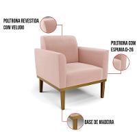 Poltrona Base De Madeira Fixa Castanho Marisa Veludo Rosê - 3