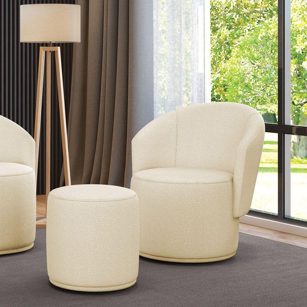 Poltrona E Puff Redondo Orgânico Para Sala Malu Bouclê M11 - D'rossi Off White - 1